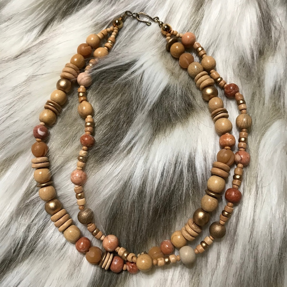 Double String Wood, Resin & Gold Beads Necklace